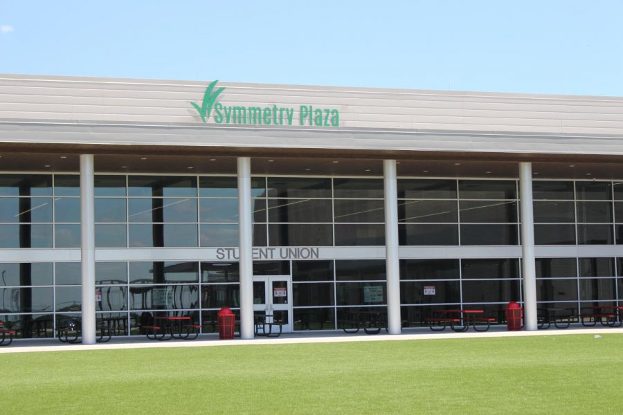 The Student Union building has a new sign: Symmetry Plaza.