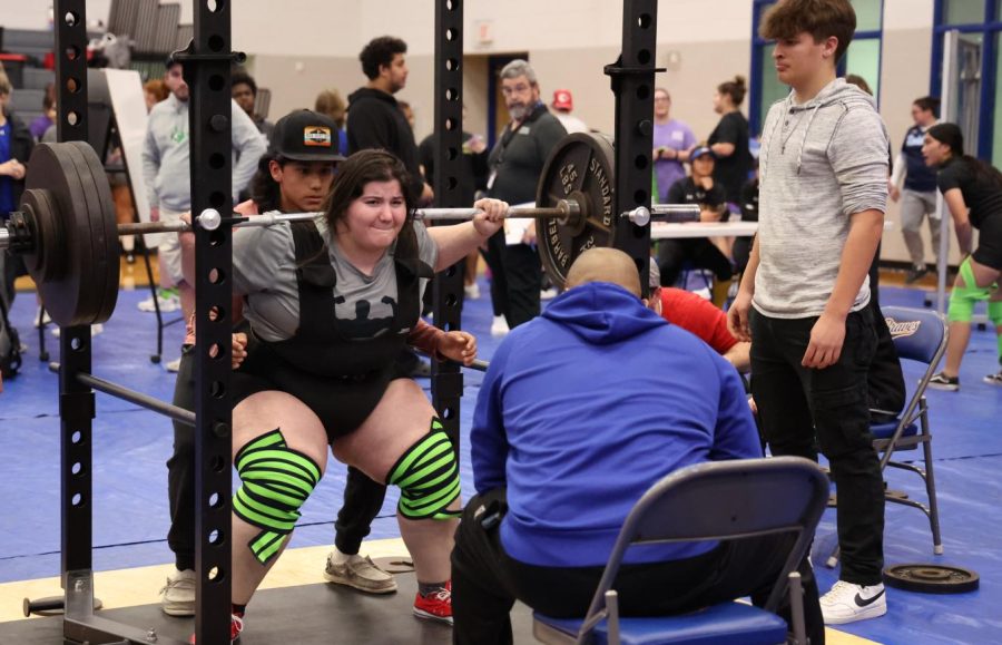Junior Lorelai Thompson squats 385 lbs at the Lady Braves Invitational Meet at Community HS on Feb. 16. Thompson competed at the regional meet in Prosper on March 1 and qualified for state with a 1st place win.