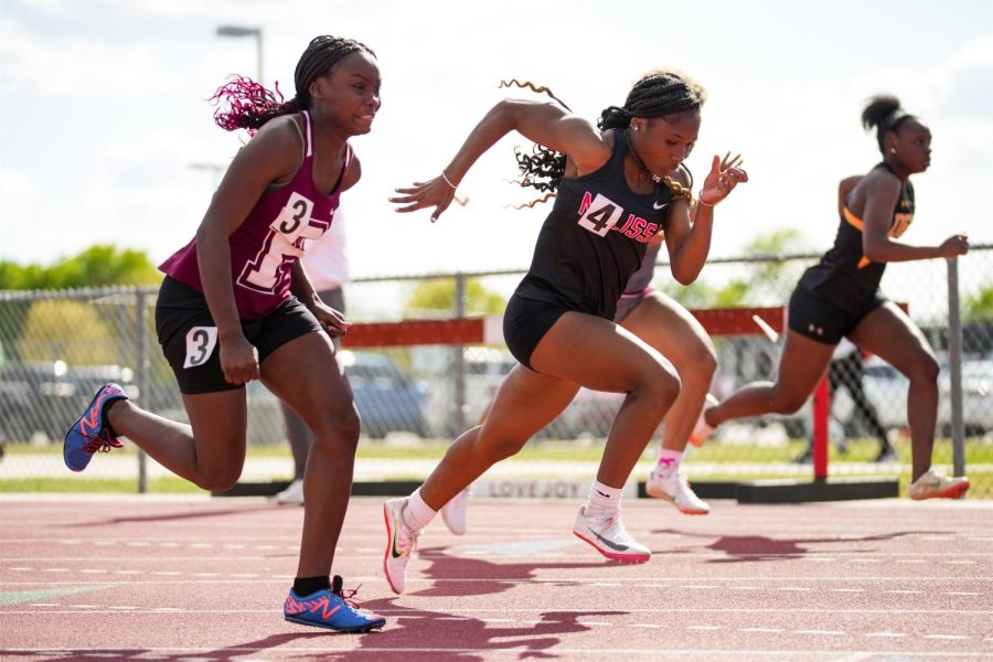 Freshman Kennedy Branch competes in the 100m dash at the district track meet on April 12. She finished in 3rd place in the 100m dash and 1st place in the 200m dash, advancing to the area meet in both events as well as part of the 4x100 relay team.