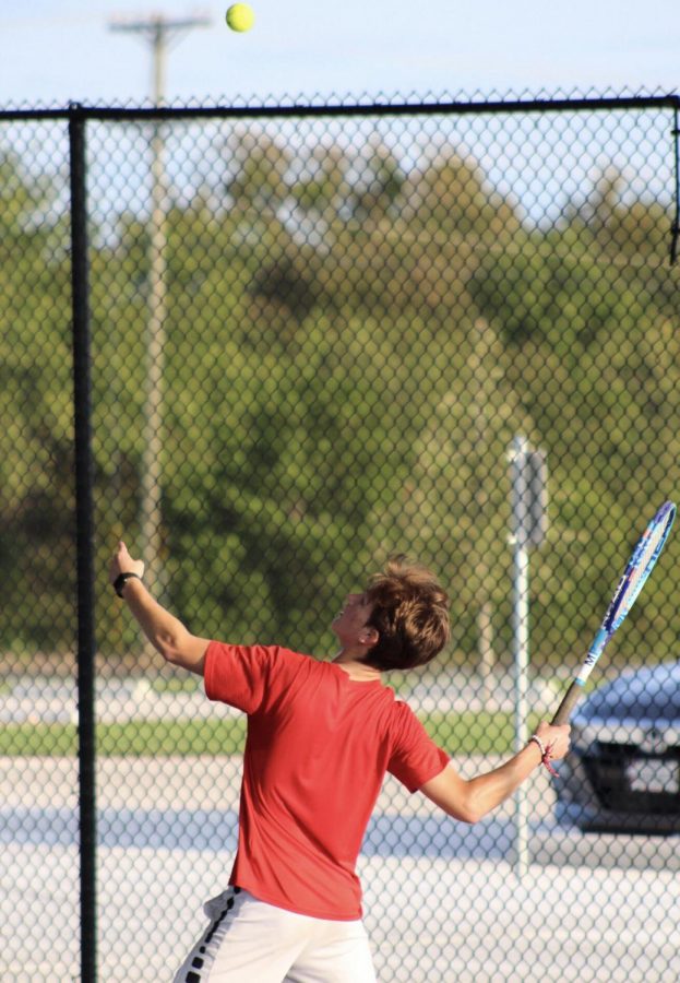 Senior+Dawson+Mercer+serves.+He+was+named+2nd+Team+All+District+in+Boys+Singles+and+1st+Team+All+District+in+Boys+Doubles+with+Om+Patel.