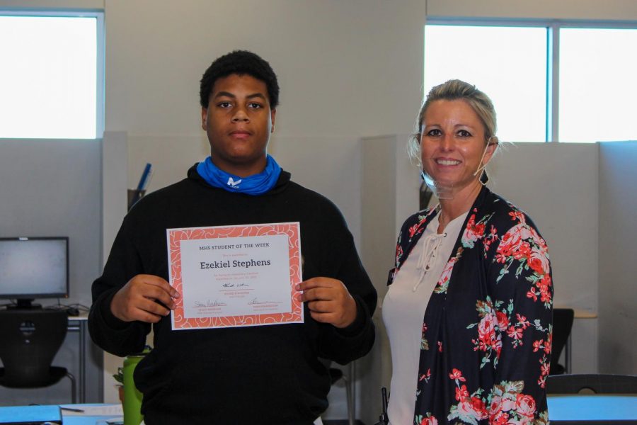 Soph. Ezekiel Stephens, pictured with Asst. Principal Needham, is recognized as the schools first Cardinal of the Week.