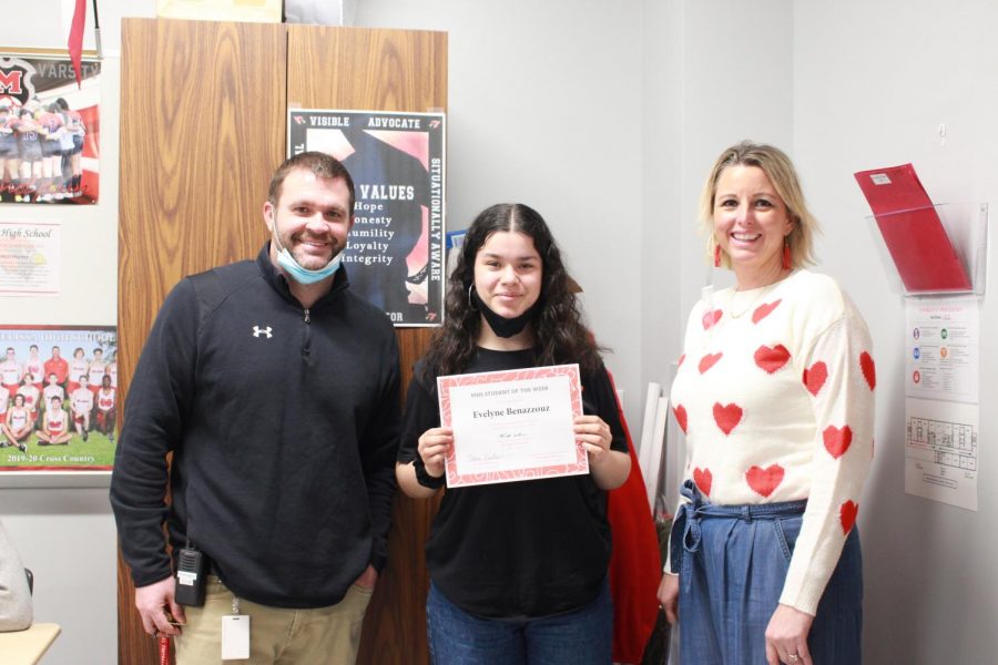 Senior Evelyne Benazzouz, pictured with Asst. Principal Stacy Needham and Academic Dean of Students Todd Pennington, is recognized as Cardinal of the Week.