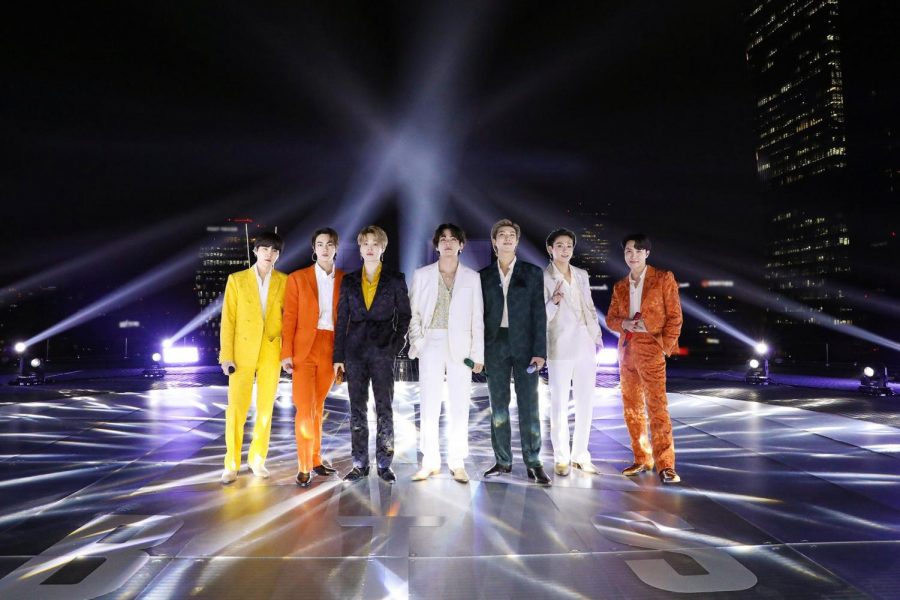 K-pop sensation, BTS, performs their hit Dynamite on a rooftop in Seoul, South Korea at the 63rd annual Grammy awards.
