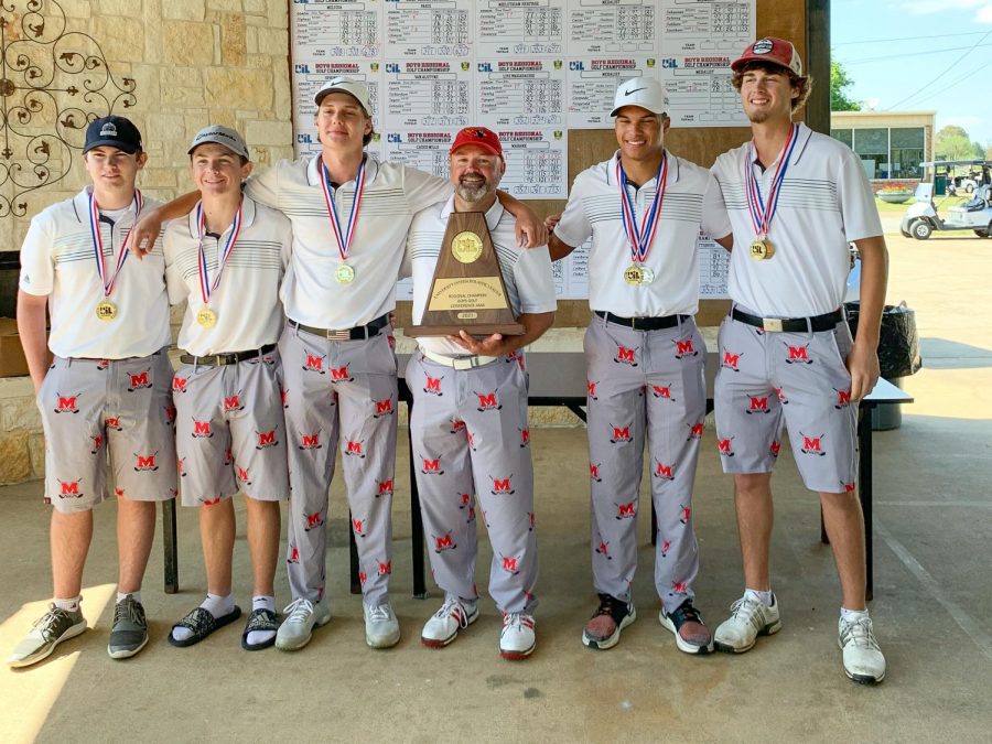 The+varsity+boys+golf+team+poses+for+a+photo+with+their+trophy+and+Coach+Tyner+after+being+named+4A+Region+II+Champions%21+They+will+compete+at+the+state+meet+May+17-18+at+Plum+Creek+Golf+Course+in+Kyle.