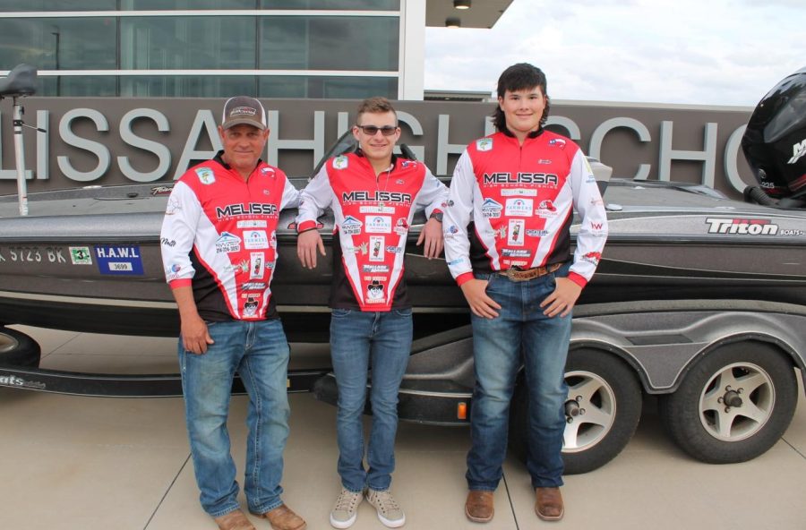 MHS Bass Fishing Team State Qualifiers Aiden Crawford, junior, and Camden Sarrett, freshman, pose for a photo with their captain Kyle Robinson. The group will compete at the state tournament in May.