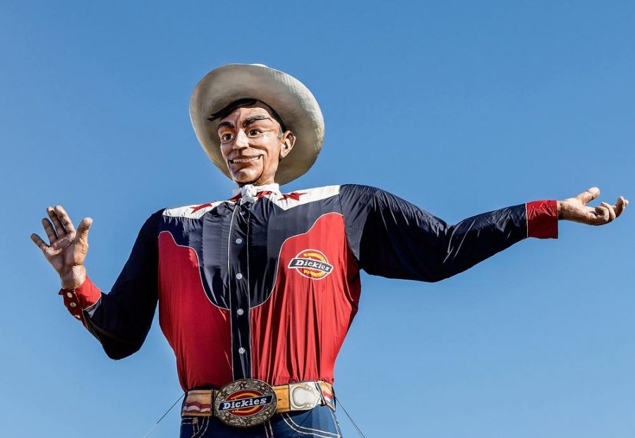 Big Tex, 55-foot-tall statue and marketing icon of the annual State Fair of Texas held at Fair Park in Dallas, Texas.