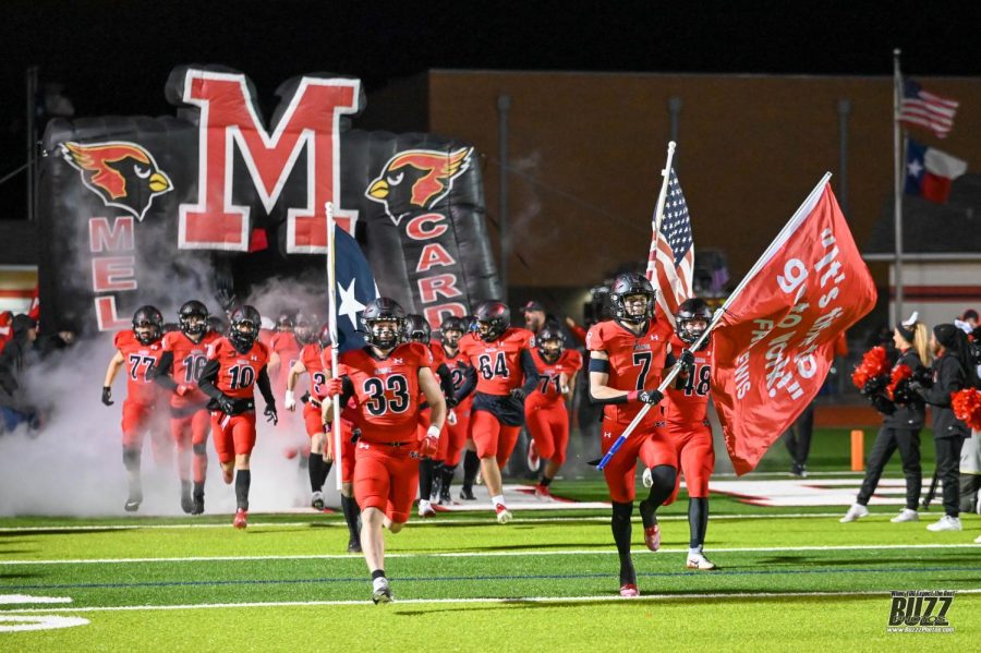 The Cardinals run out prior to their bi-district game against Hallsville on Nov. 11. This was their final home game in Cardinal Stadium. Melissa won 57-20 to advance to the area round of playoffs against Ennis on Nov. 18 at Wildcat-Ram Stadium in Dallas.
