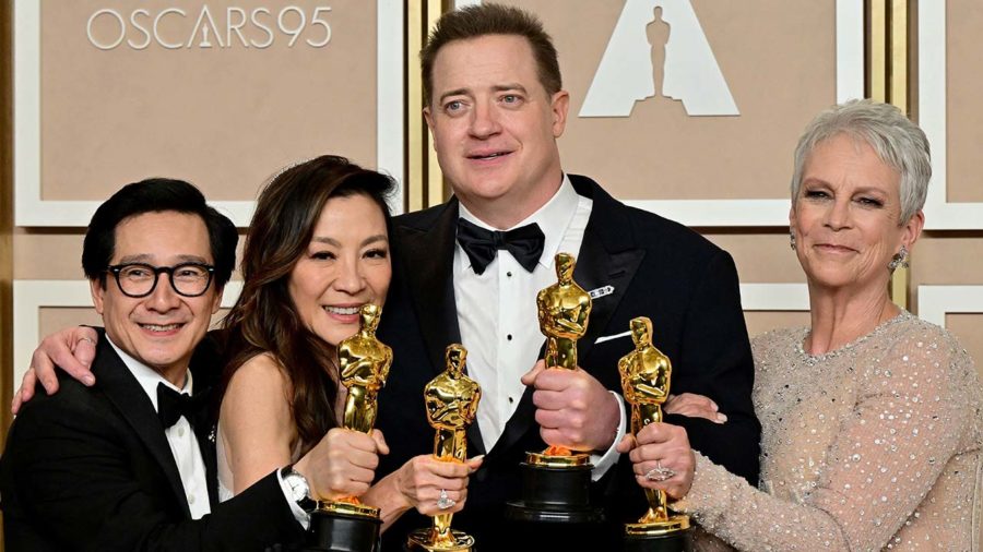 The big Oscard winners of the night pose with their trophies. Pictured left to right: Ke Huy Quan (Best Supporting Actor), Michelle Yeoh (Best Actress in a leading role), Brendan Fraser (Best Actor in a leading role), and Jamie Lee Curtis (Best Supporting Actress