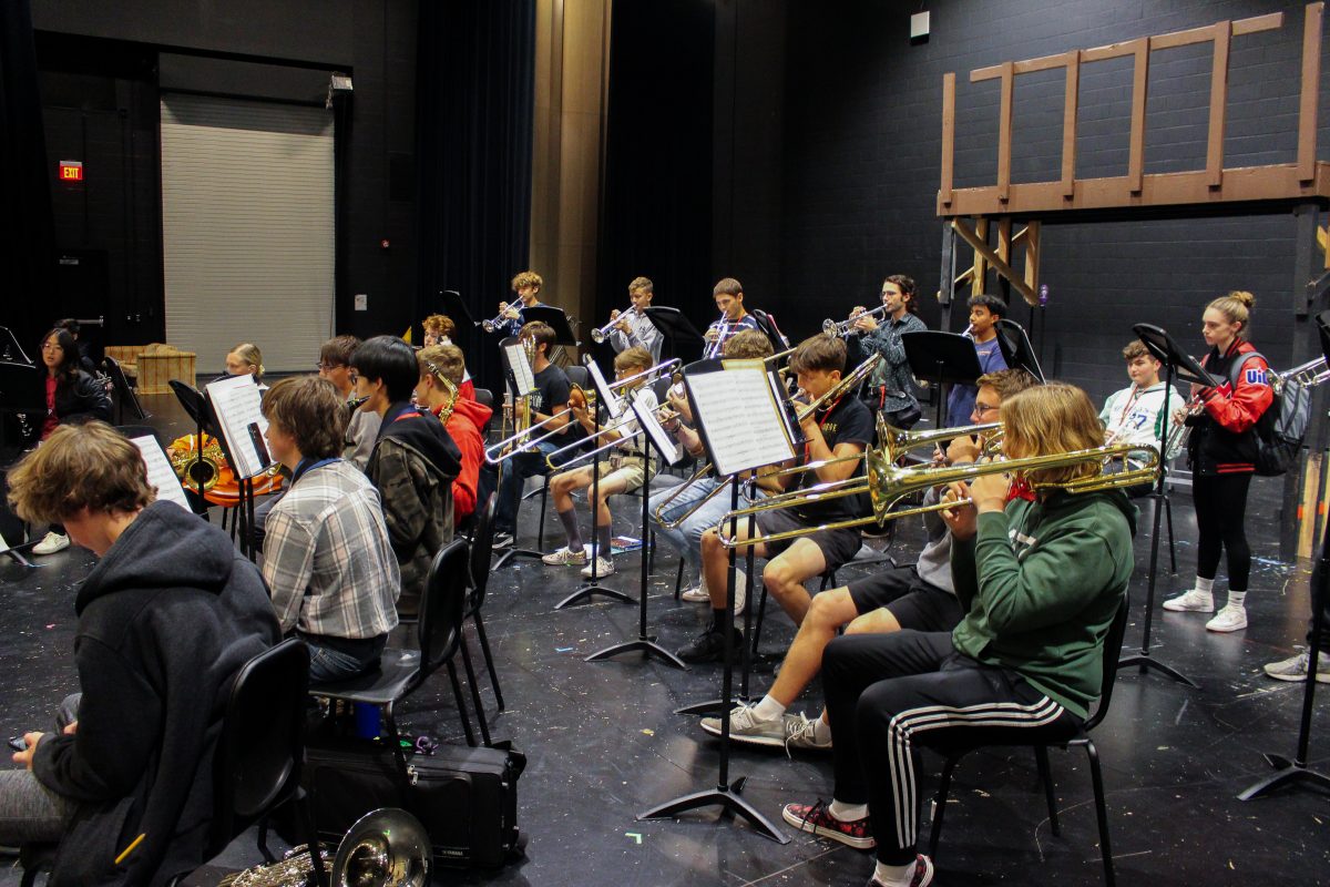 The Jazz Band rehearses the music for Bullets Over Broadway on stage during class in the Melissa Arts Center.