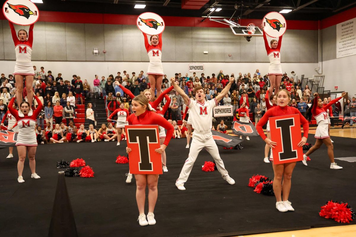The+cheerleaders+perform+their+competition+material+at+the+pep+rally+on+Nov.+2%2C+2023.+The+MHS+Competitive+Cheer+Team+finished+in+6th+place+%28out+of+64+teams%29+in+class+5A+at+the+UIL+Spirit+State+Championships+held+in+Fort+Worth+on+Jan.+5-6.