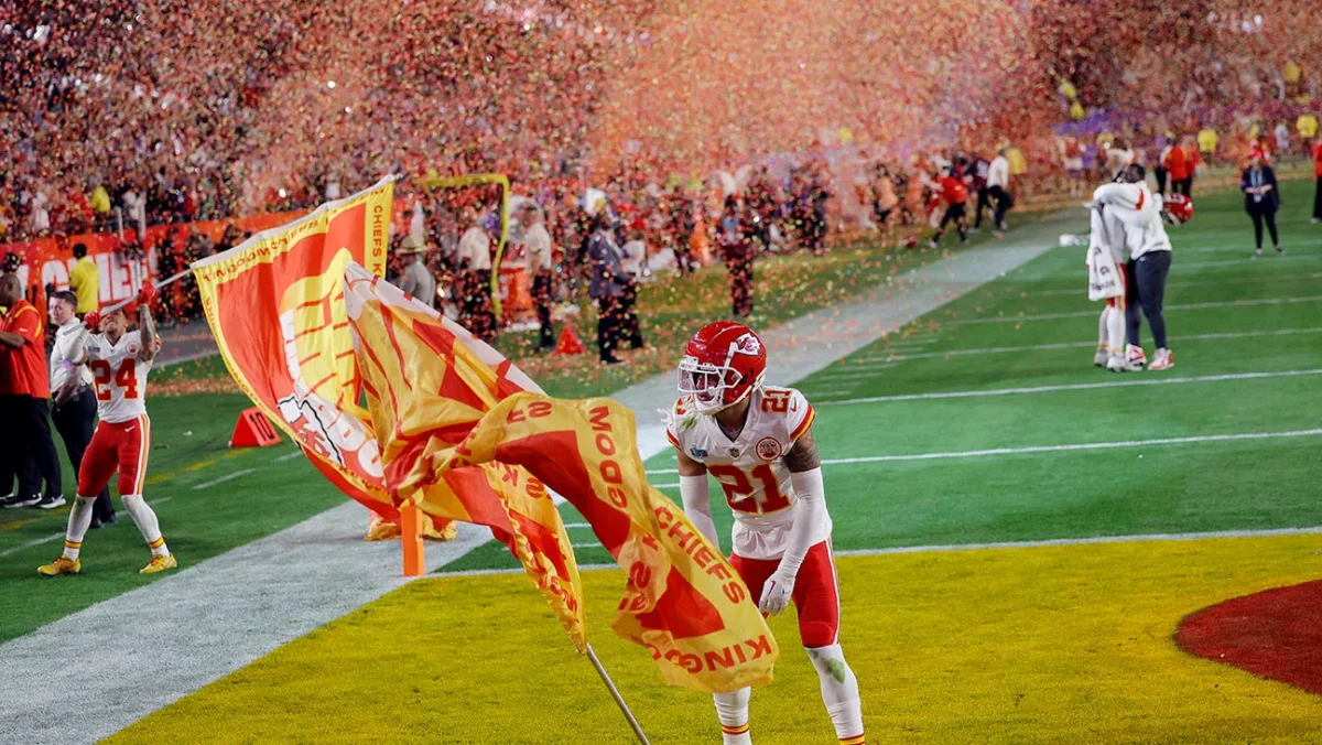 The Kansas City Chiefs celebrate a 25-22 win against the San Fransisco 49ers at the 2024 Super Bowl.